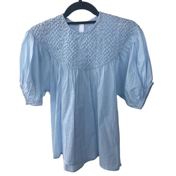 Merlette Blue Smocked Cotton Blouse Puff Sleeve Top Women’s Size XS - Picture 1 of 9